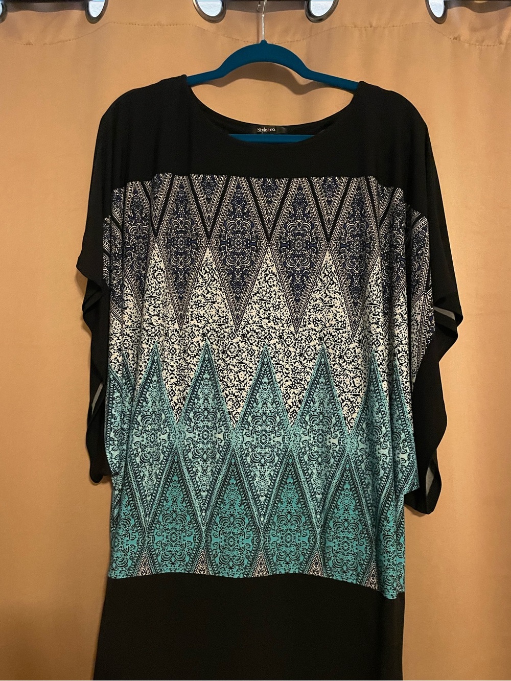 Style & Co. Black and Teal Patterned Dolman Sleeve Top